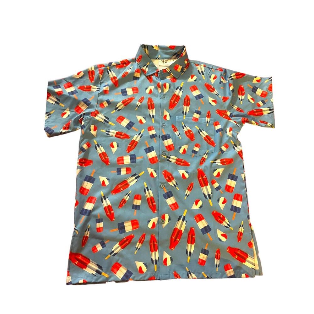 Funny‎ Guy Bomb Pop Button Down SS Medium Red White and Blue America USA